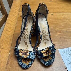 Sam Edelman Floral Block Heel Sandals - Teal and Yellow